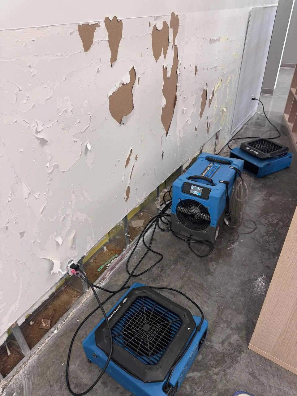 Water damage restoration Vancouver drying equipment in a living room