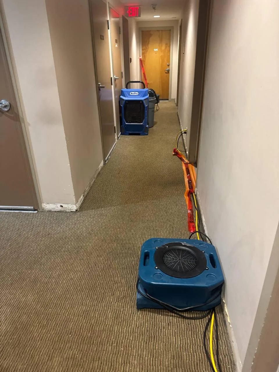 Exposed subfloor drying during water damage repair in Vancouver